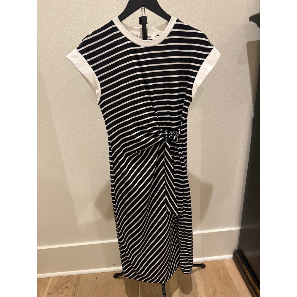 Grace Karin Womens Black White Striped Side Tie Knot Midi Dress Short Sleeve